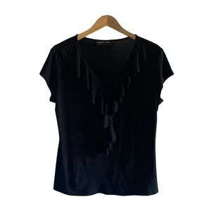 Mandy Evans Women's Black V Neck Ruffle Stretch Blouse US L